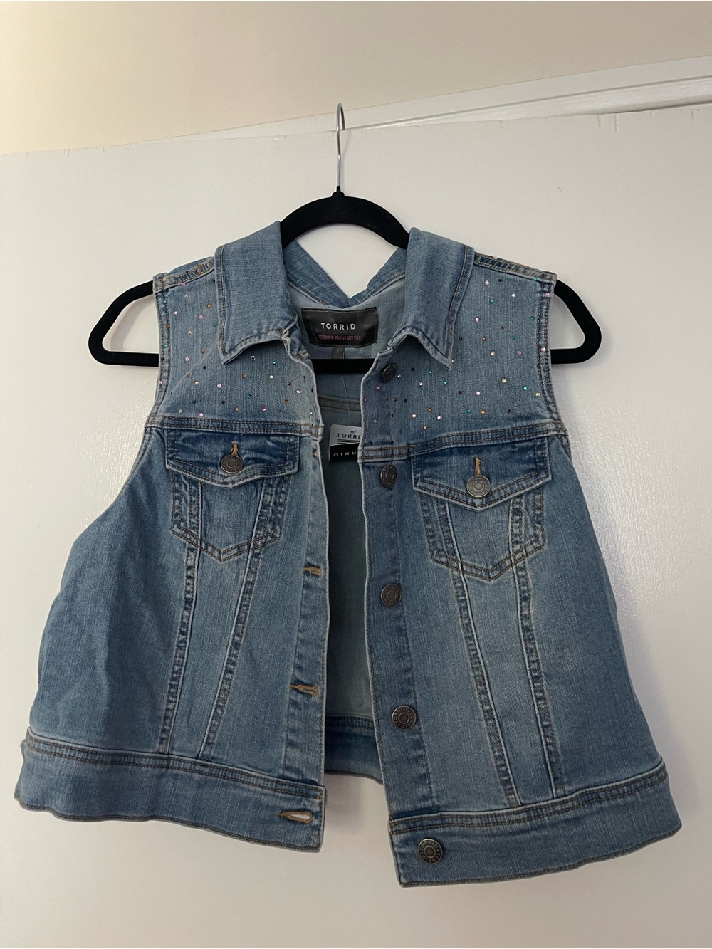 torrid Light Blue Denim Vest with Rhinestone Accents